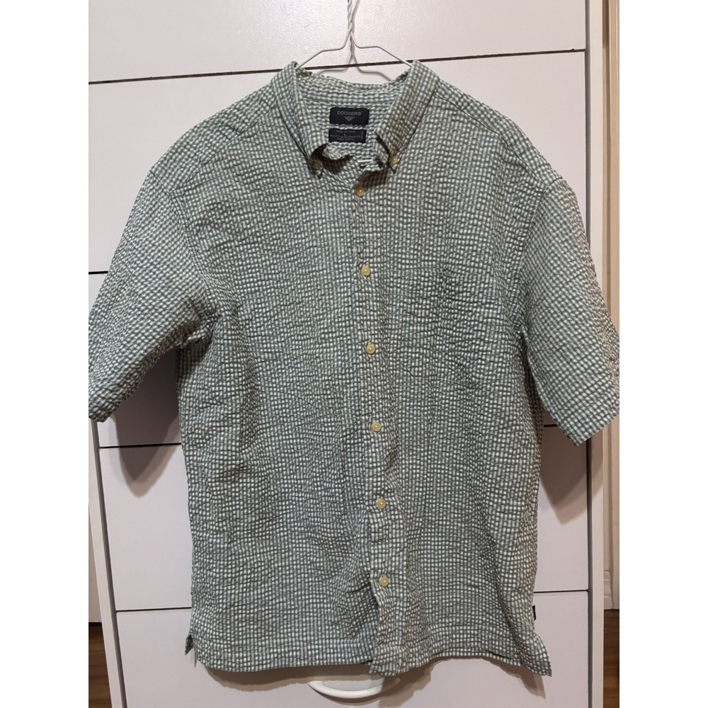 Dockers Mens Large Green/White Check Short Sleeve Button Down Shirt